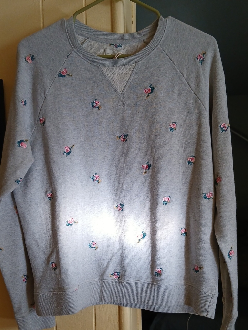 Lucky Brand Gray Crewneck Sweatshirt  with Pink Rose Embroidery